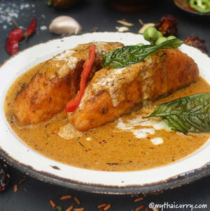 Serving Presentation Panang Salmon. Thai curry