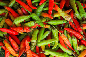Mixture of red and green chillies with heat explanations